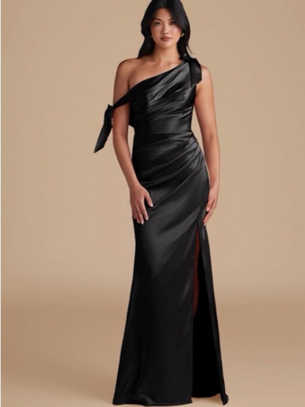Azazie Black One-Shoulder Satin Evening Gown only worn once